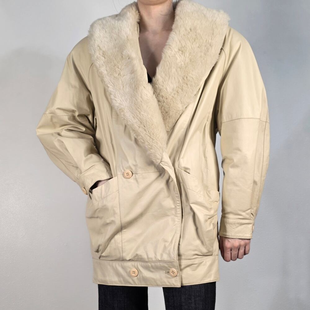 Vintage 80s Leather Cream Faux Fur Collar Double Brested Oversized Jacket Medium